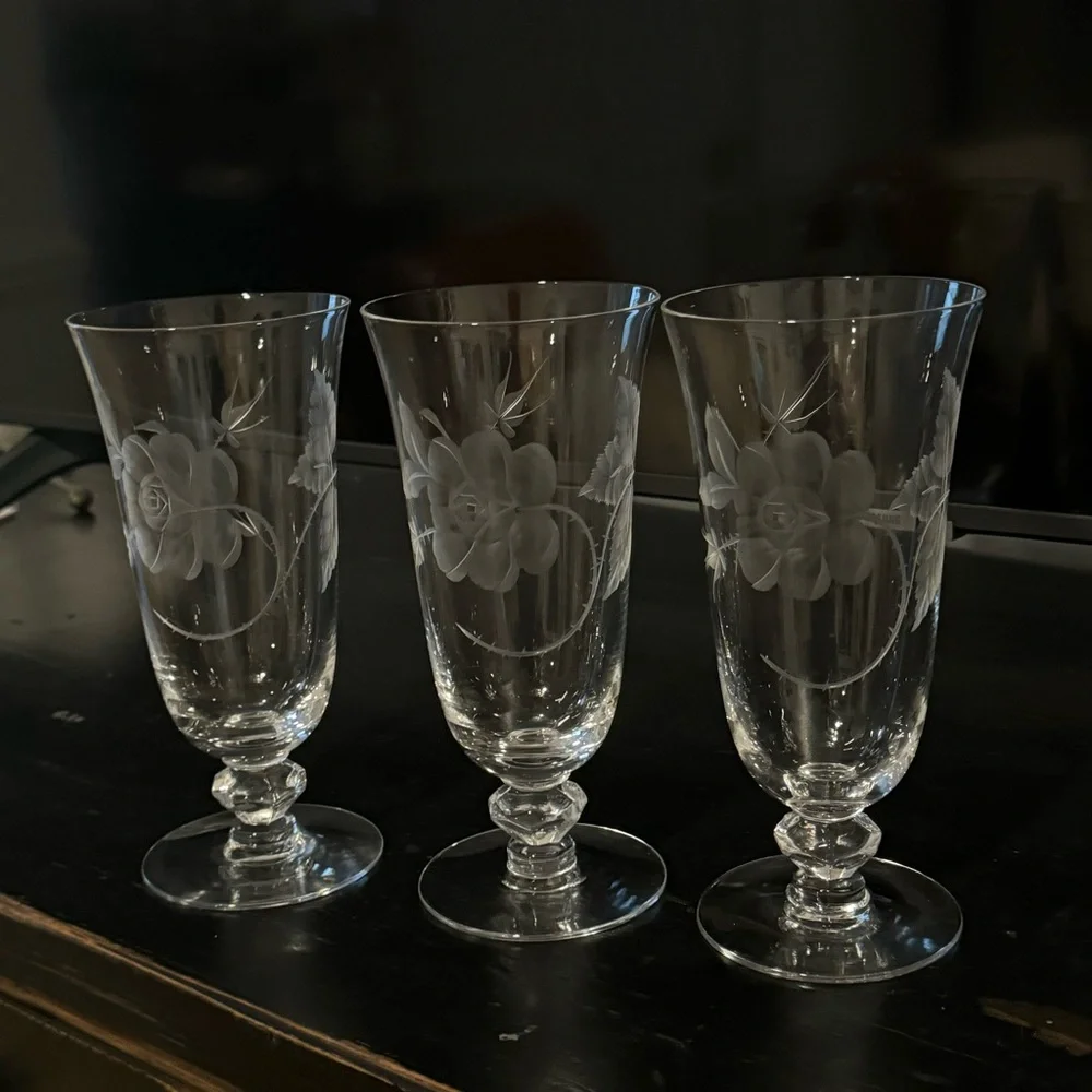 3/ Dolly Madison Rose by HEISEY Stem Iced Tea Footed Tumbler.